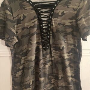 Rue21 Camouflage Lace-Up Short Sleeve Top